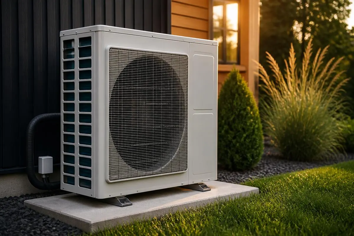 High-efficiency residential heat pump condenser installed beside a home